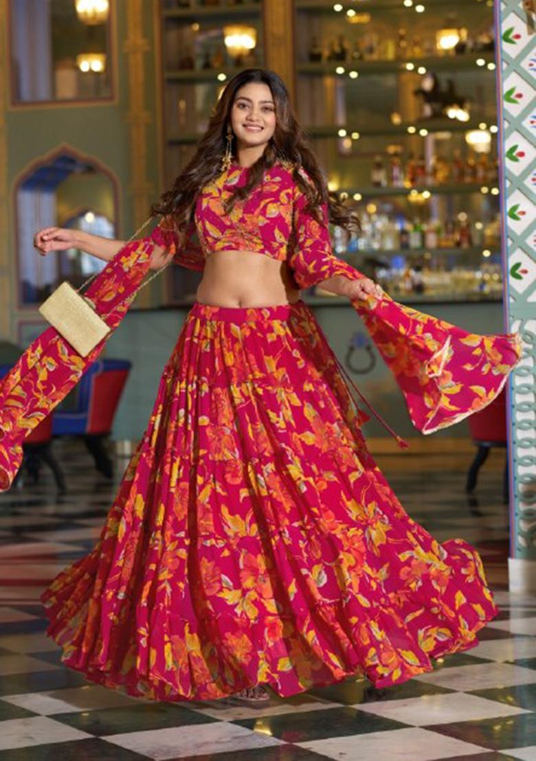 Pink Floral Print Marble Lehenga Set - Indya