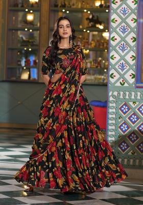 Black Floral Print Marble Lehenga Set
