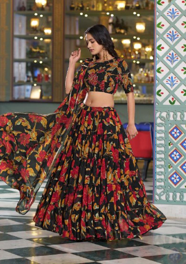 Black Floral Print Marble Lehenga Set - Indya