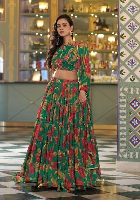 Green Floral Print Marble Lehenga Set