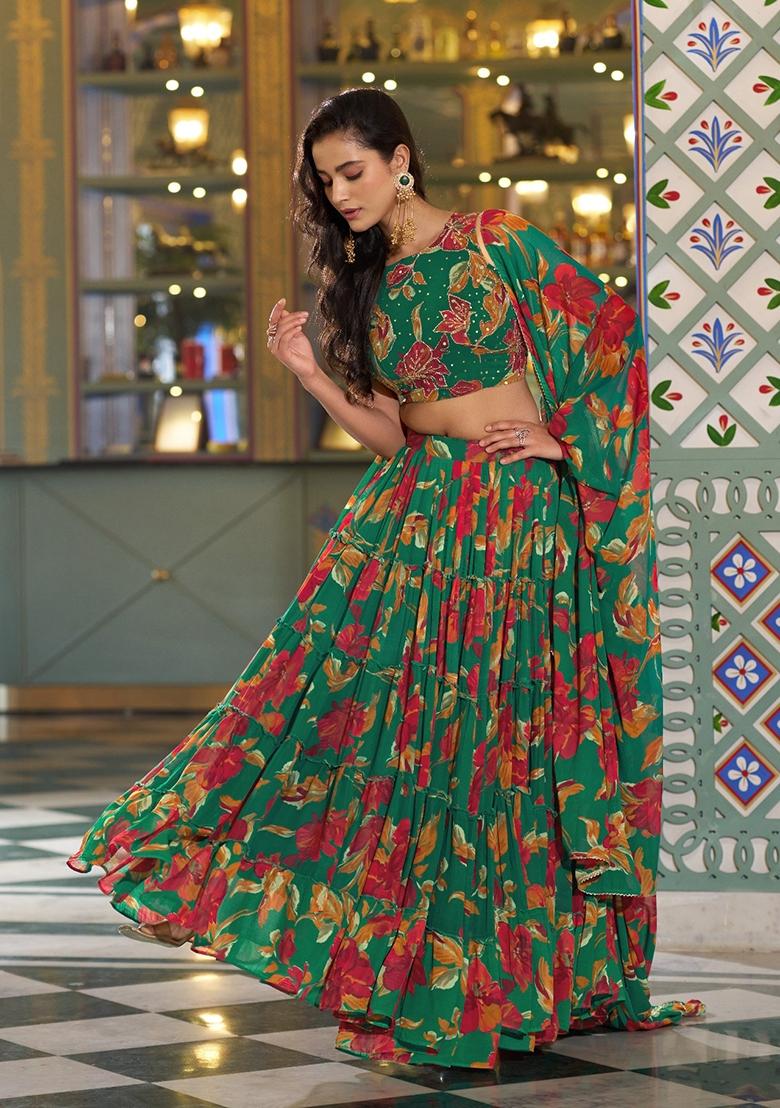 Green Floral Print Marble Lehenga Set - Indya