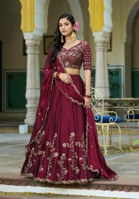 Maroon Embroidered Silk Lehenga Set