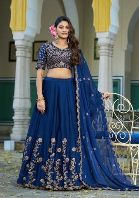 Blue Embroidered Silk Lehenga Set