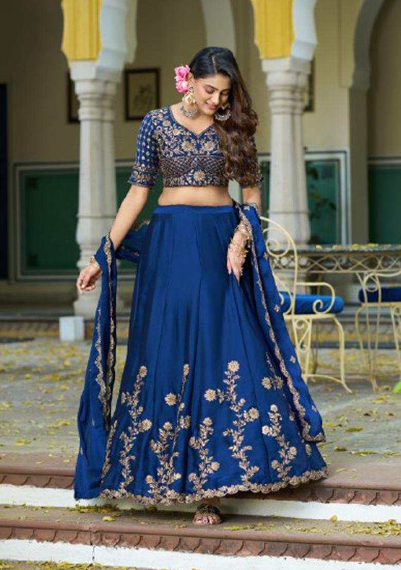 Blue Embroidered Silk Lehenga Set - Indya