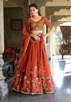 Orange Embroidered Silk Lehenga Set