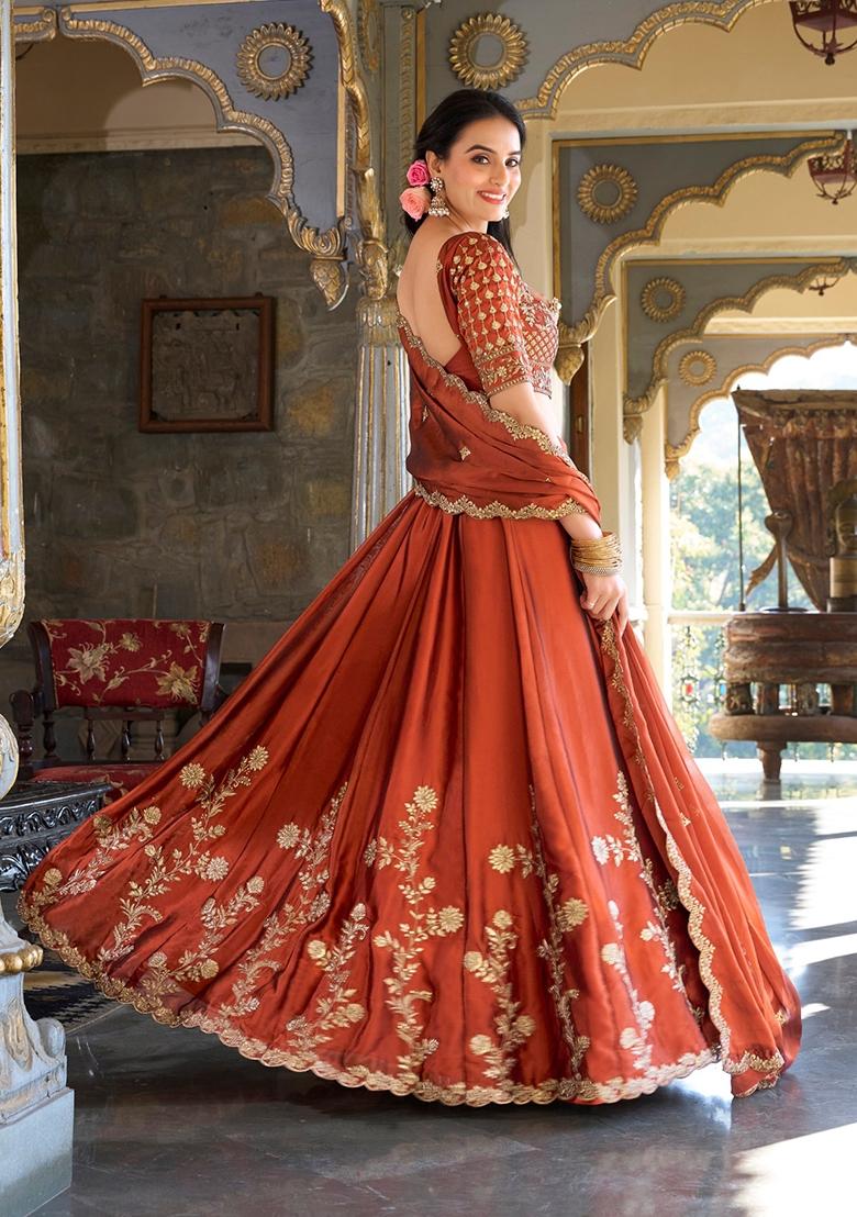 Orange Embroidered Silk Lehenga Set - Indya