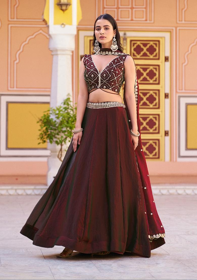 Maroon Embroidered Fendi Lehenga Set - Indya
