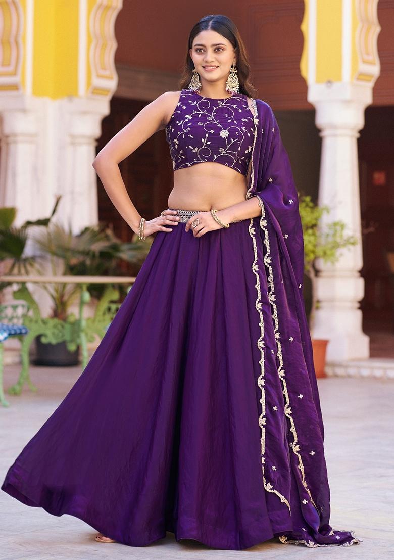 Purple Embroidered Fendi Lehenga Set - Indya