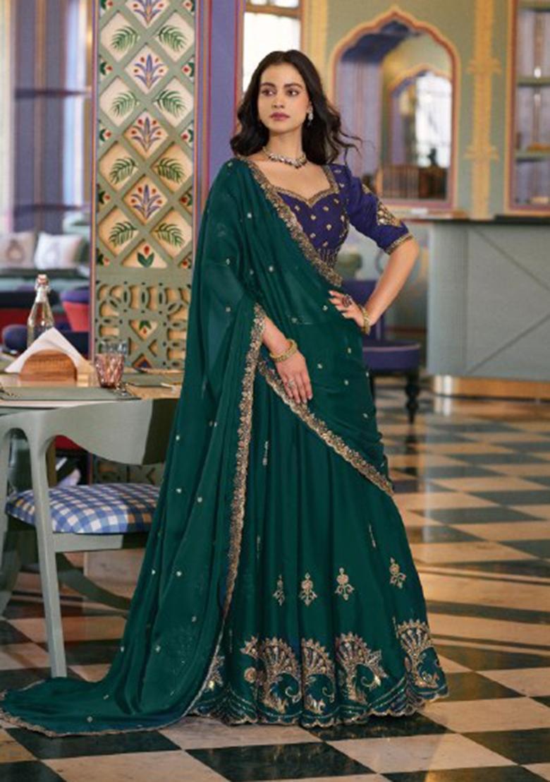 Green Embroidered Silk Lehenga Set - Indya