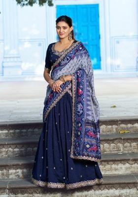 Blue Embroidered Silk Lehenga Set