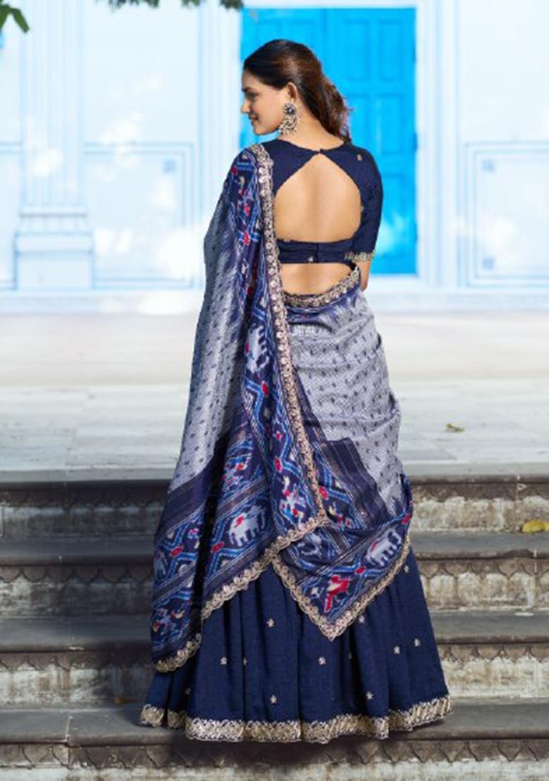 Blue Embroidered Silk Lehenga Set - Indya