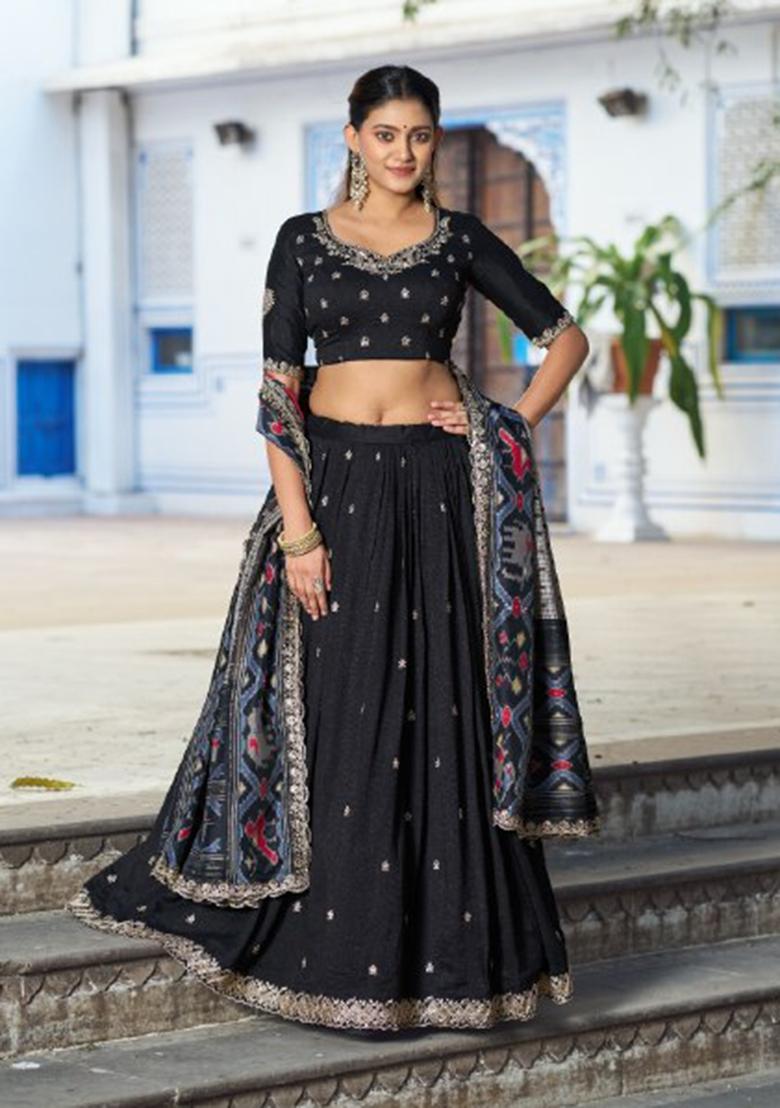 Black Embroidered Silk Lehenga Set - Indya