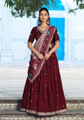Maroon Embroidered Silk Lehenga Set