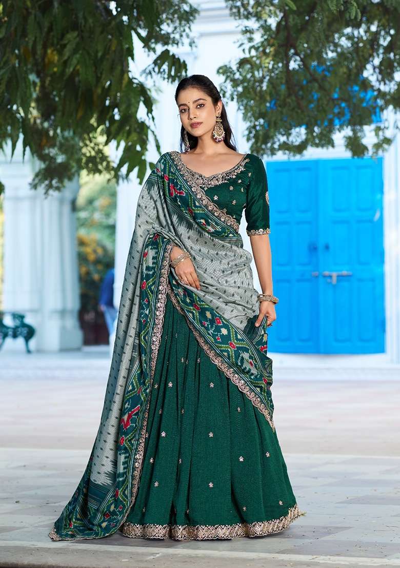 Green Silk Lehenga Set with Embroidered for Diwali | Wedding & Festive Wear - Indya