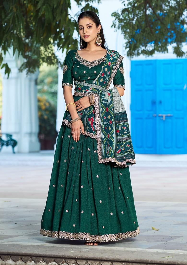 Green Embroidered Silk Lehenga Set - Indya