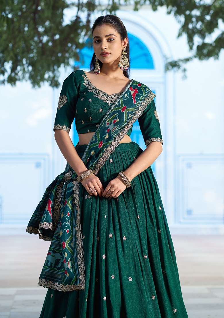 Green Silk Lehenga Set with Embroidered for Diwali | Wedding & Festive Wear - Indya