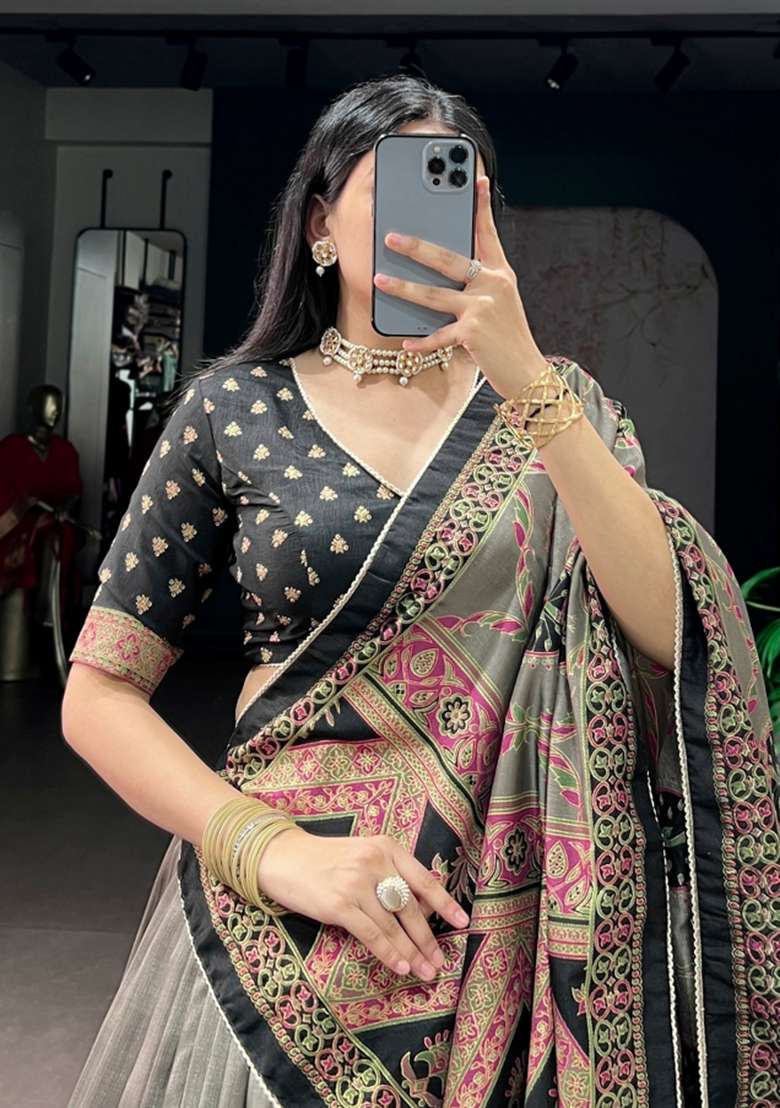 Black Printed Silk Lehenga Set for Diwali and Festive Wear - Indya