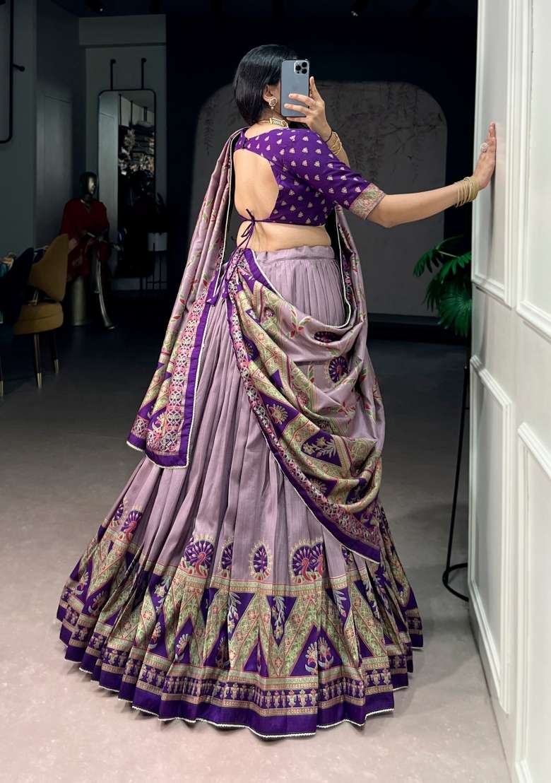 Purple Printed Silk Lehenga Set - Indya