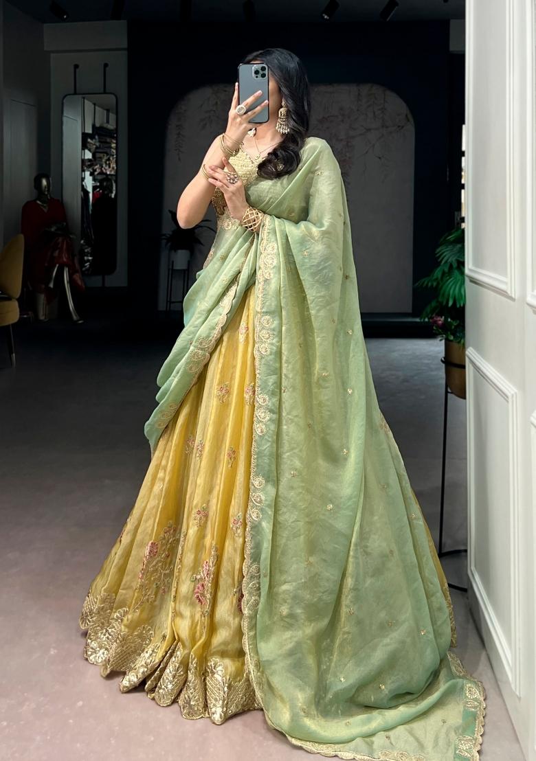 Yellow Embroidered Silk Lehenga Set - Indya
