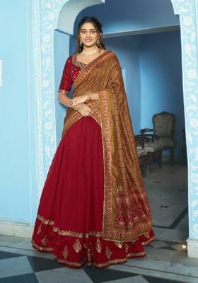 Maroon Embroidered Silk Lehenga Set