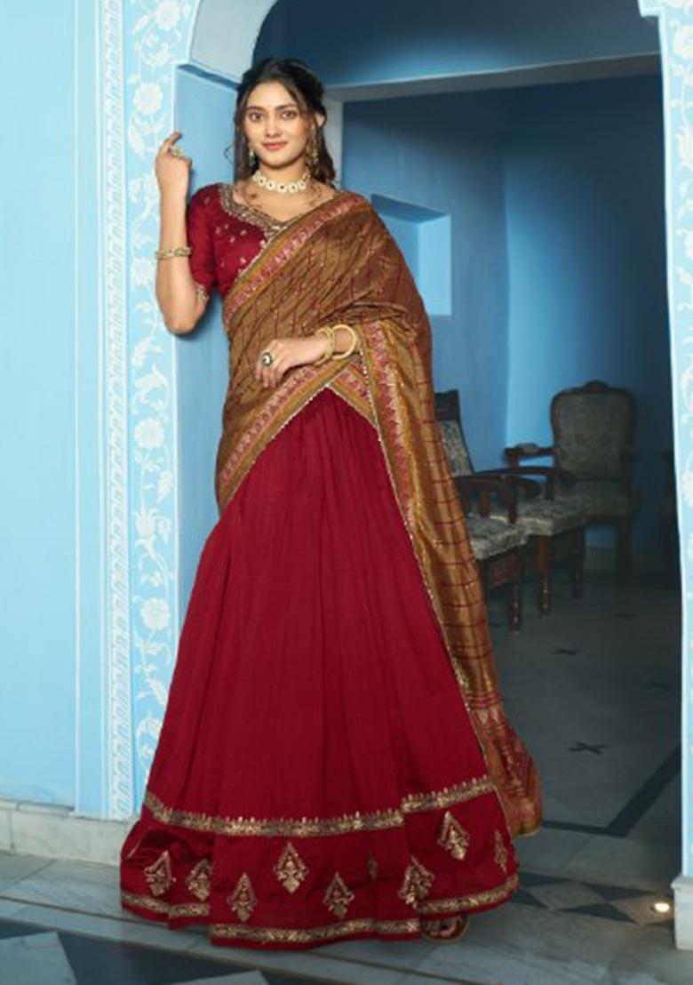 Maroon Embroidered Silk Lehenga Set - Indya