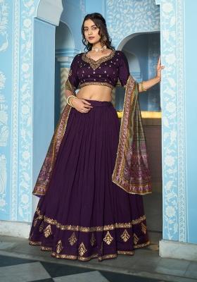 Purple Embroidered Silk Lehenga Set