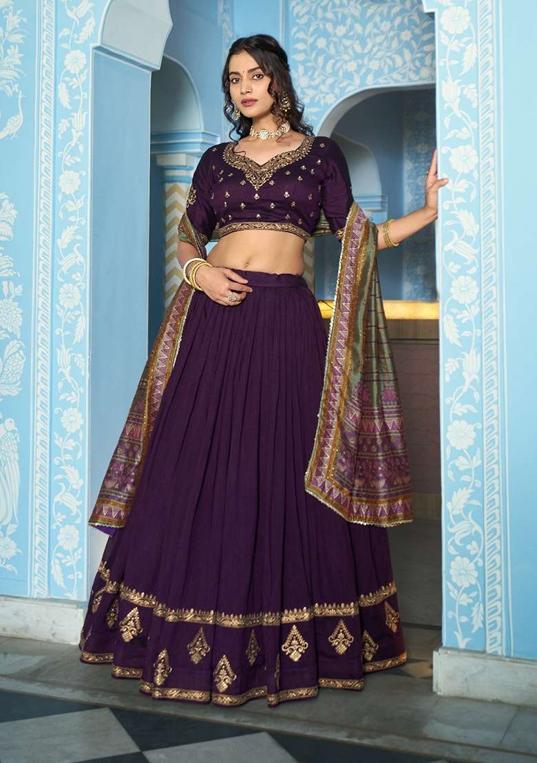 Purple Embroidered Silk Lehenga Set for Diwali and Festive Wear - Indya