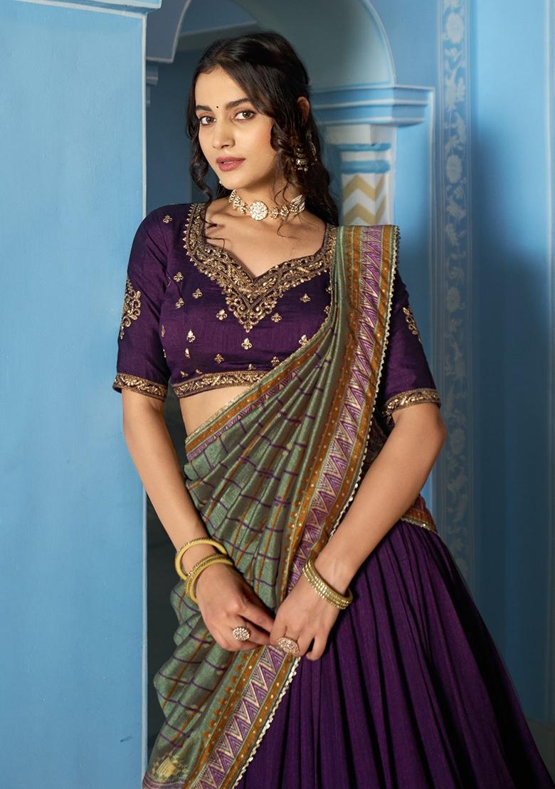 Purple Embroidered Silk Lehenga Set - Indya