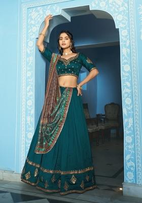 Teal Embroidered Silk Lehenga Set
