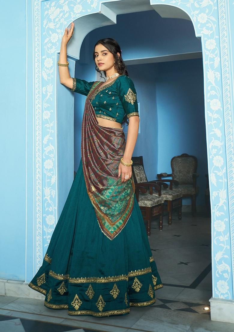 Teal Embroidered Silk Lehenga Set - Indya