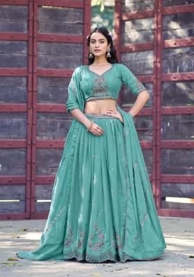 Blue Embroidered Georgette Lehenga Set