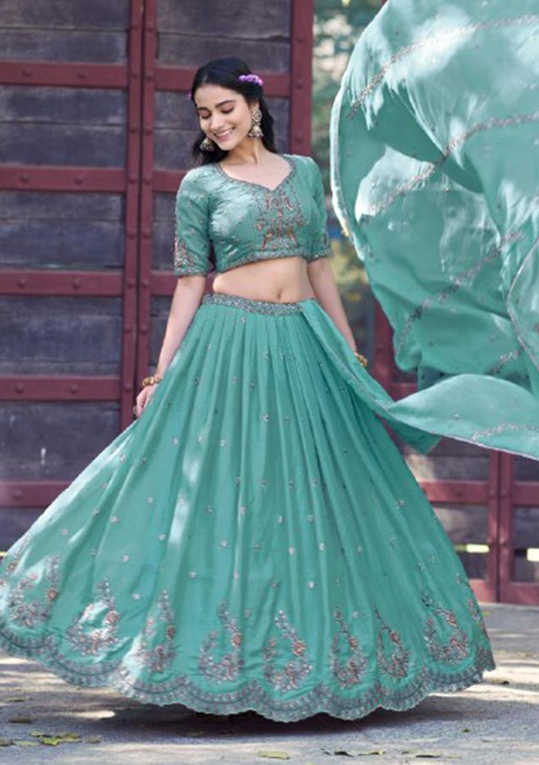 Blue Embroidered Georgette Lehenga Set - Indya
