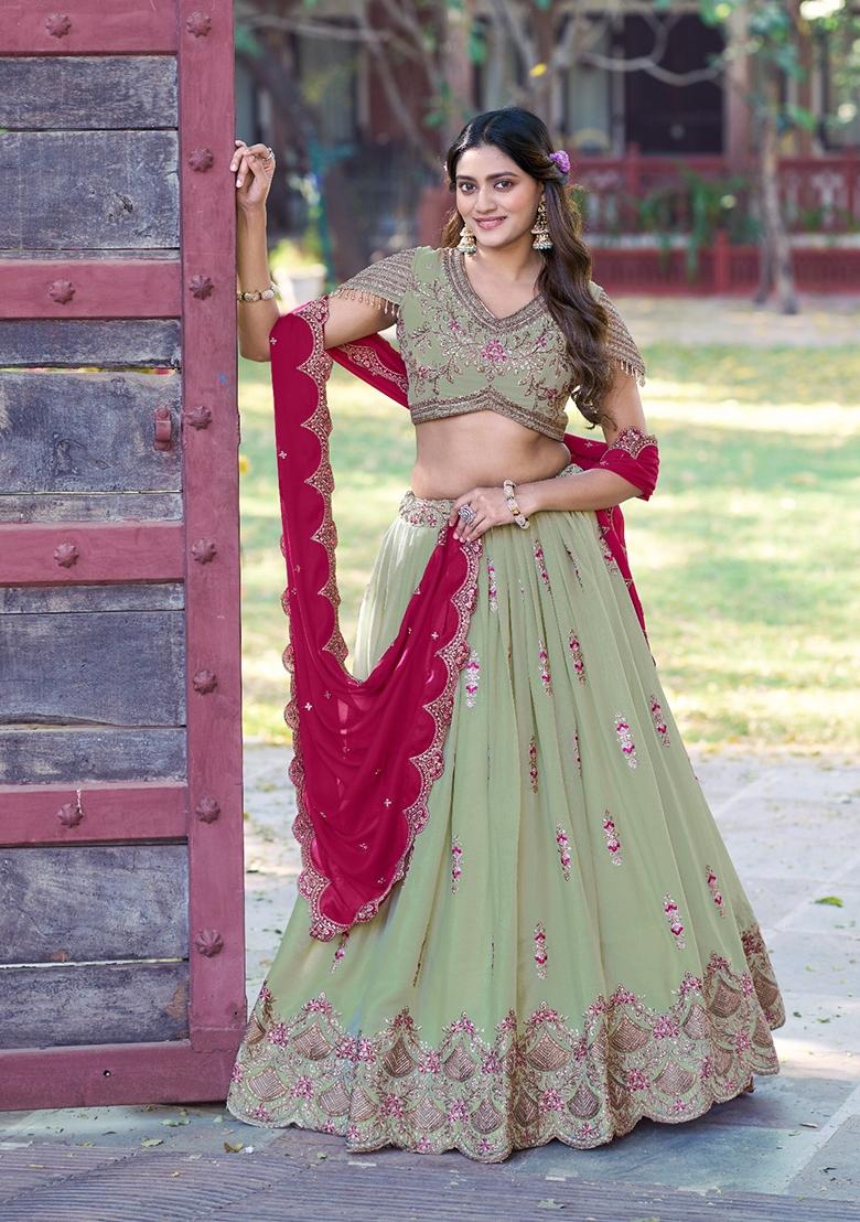 Pista Embroidered Georgette Lehenga Set - Indya