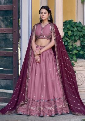 Pink Embroidered Georgette Lehenga Set