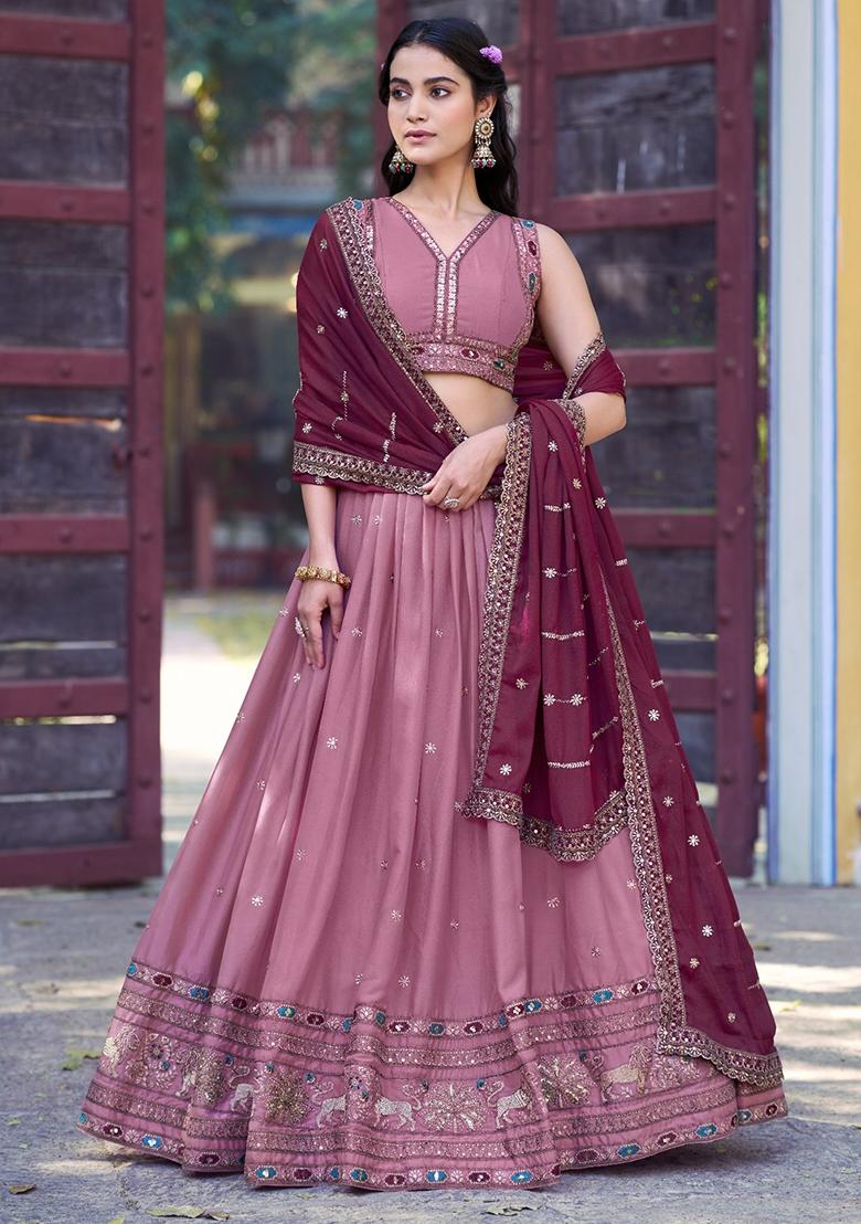Pink Embroidered Georgette Lehenga Set - Indya