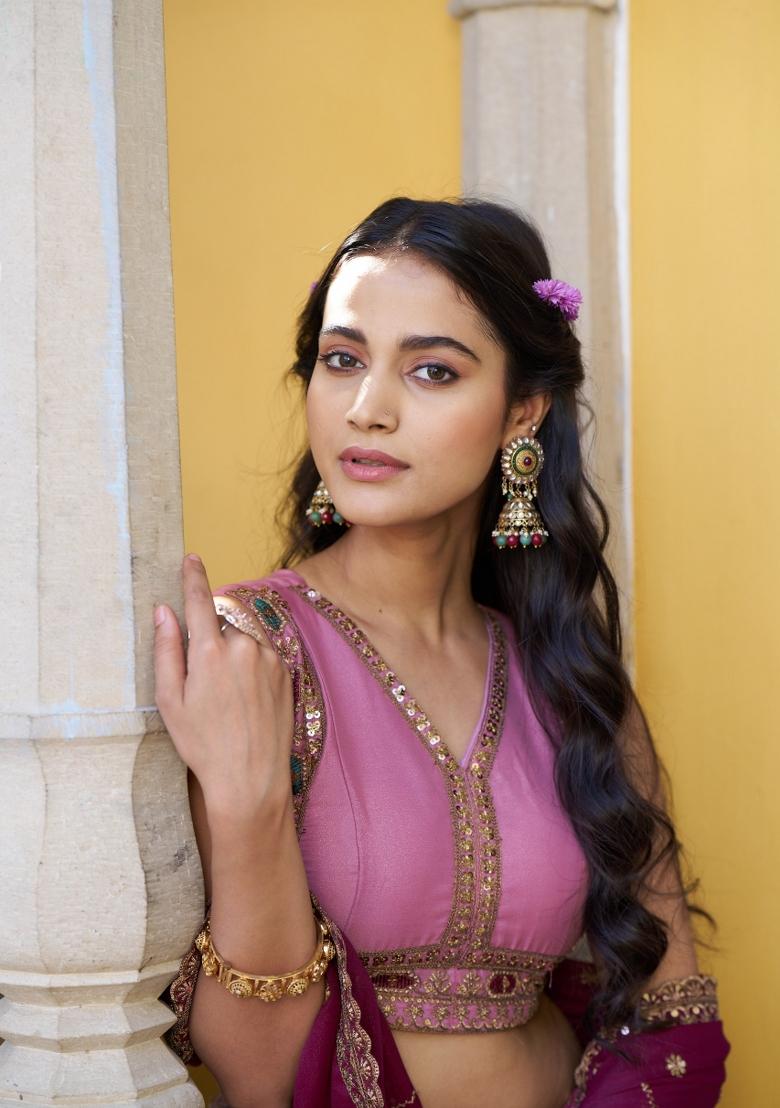 Pink Embroidered Georgette Lehenga Set - Indya