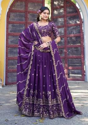 Purple Embroidered Georgette Lehenga Set