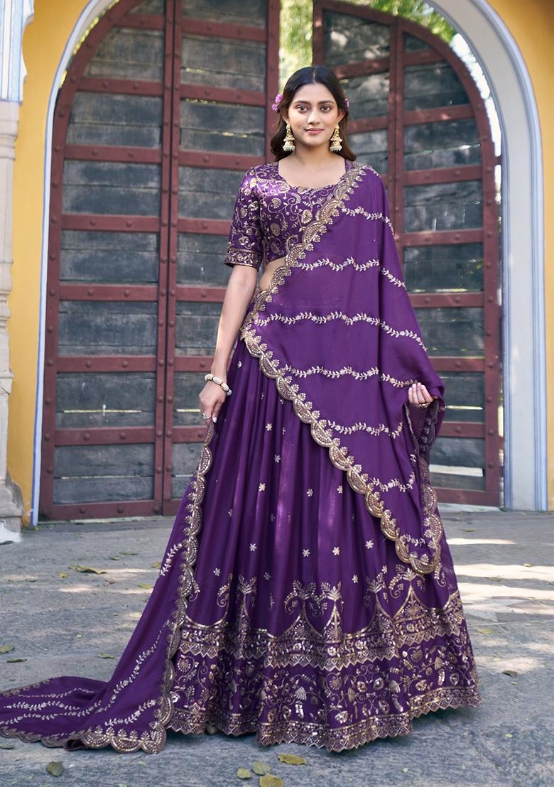 Purple Embroidered Georgette Lehenga Set - Indya