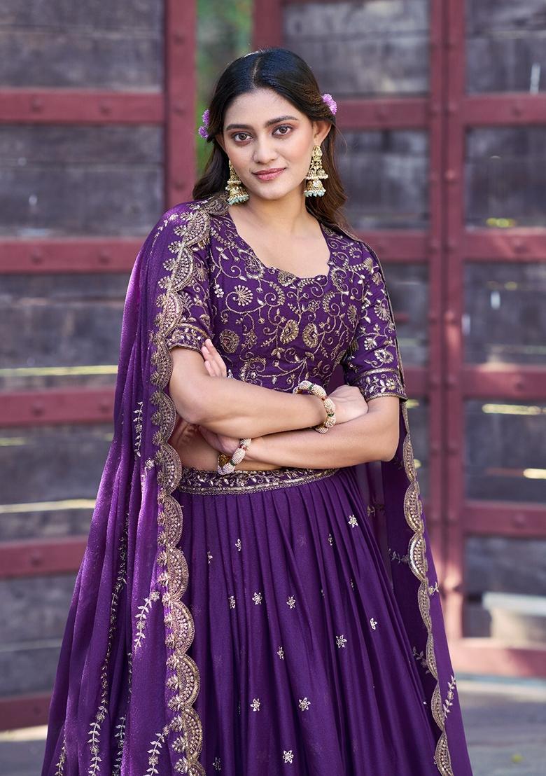 Purple Embroidered Georgette Lehenga Set - Indya