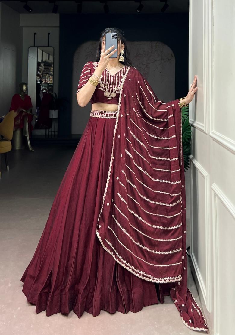 Maroon Embroidered Rangoli Crush Lehenga Set - Indya