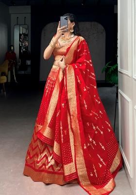 Red Zari Work Silk Lehenga Set