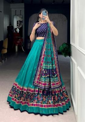 Blue Printed Silk Lehenga Set