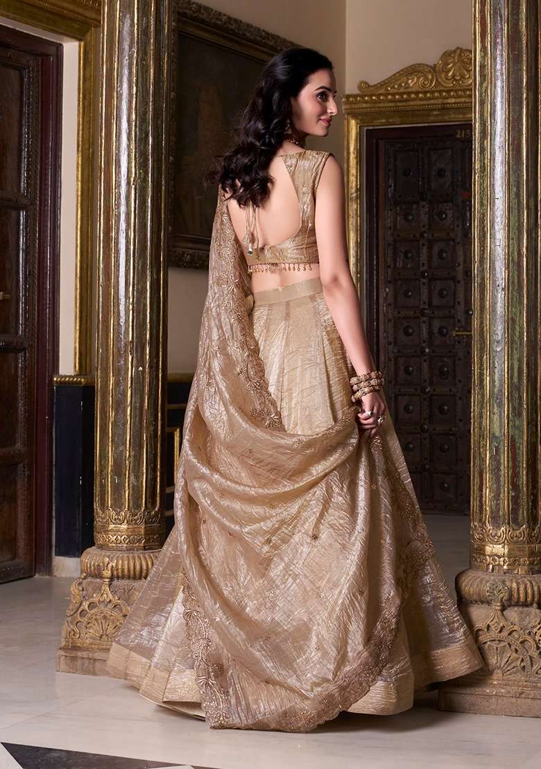 Chiku Plain Gold Crush Lehenga Set - Indya