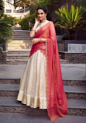 Off White Zari Work Jacquard Lehenga Set
