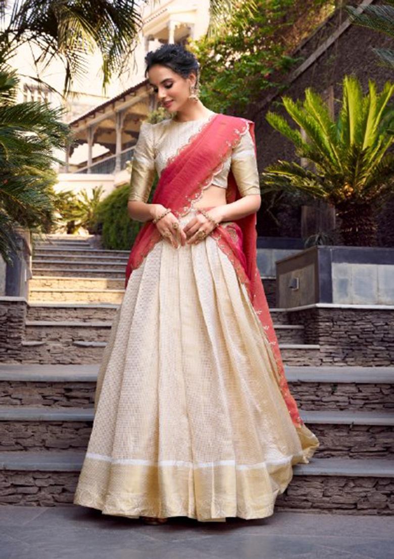 Off White Zari Work Jacquard Lehenga Set - Indya