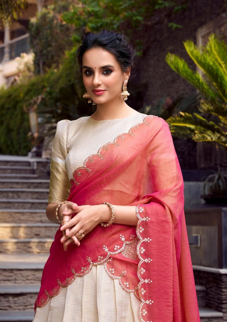 Off White Zari Work Jacquard Lehenga Set - Indya