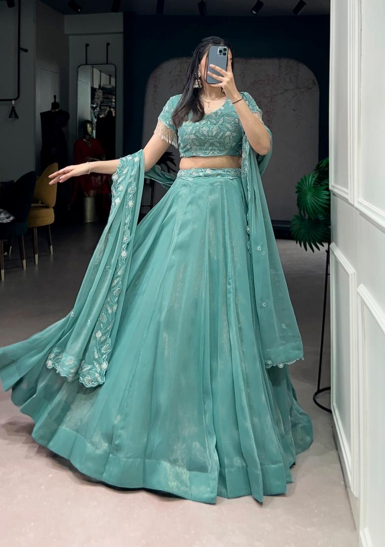Blue Embroidered Gold Coin Lehenga Set - Indya