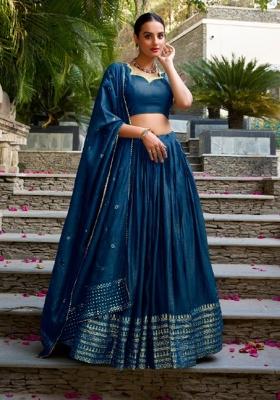 Blue Zari Work Chanderi&nbsp; Lehenga Set