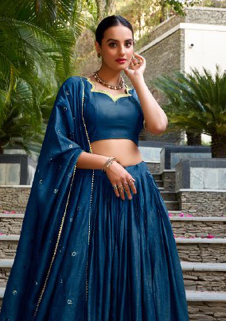 Blue Zari Work Chanderi&nbsp; Lehenga Set - Indya