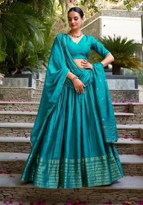 Blue Zari Work Chanderi&nbsp; Lehenga Set